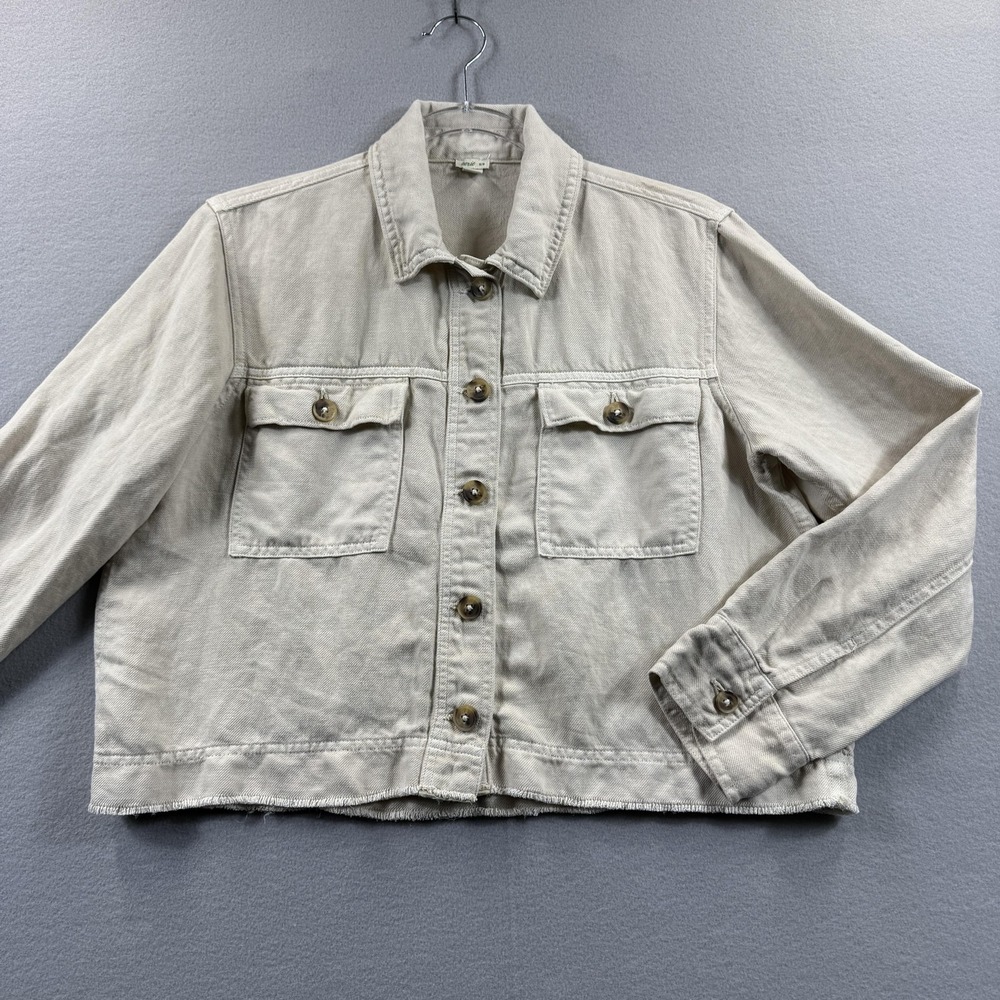 Aerie Jacket Womens Medium Beige Linen Blend Button Front Cropped Raw Hem‎